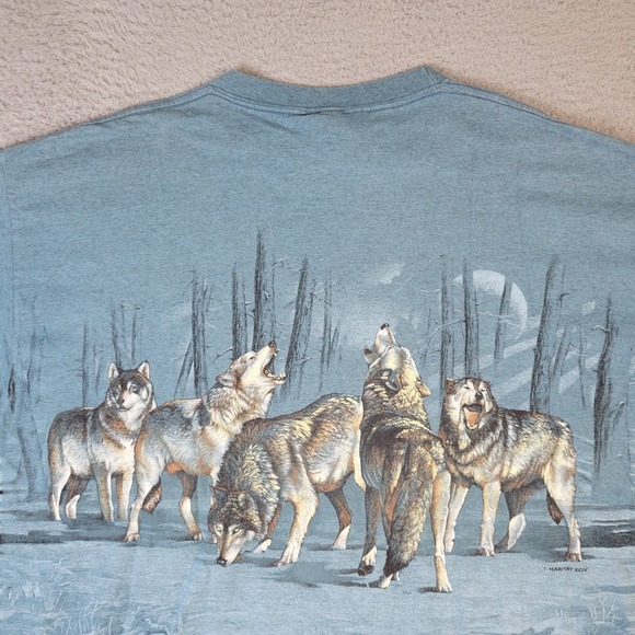 Vintage 90's Wolf T-Shirt Double Sided Silver Dollar City Men's XXL Blue Single - Picture 11 of 11